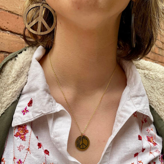 Custom Boho Peace Sign Engraved Brass Pendant Necklace