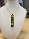 Blue and Gold Rectangular Pendant Swirl Art Necklace and Matching Earrings