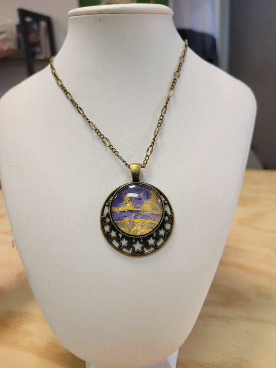 Purple and Gold Round Pendant with Stars Swirl Art Necklace