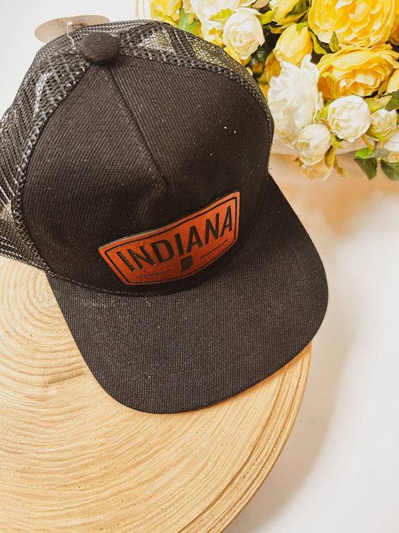 Indiana Leather Patch on Black Trucker Hat