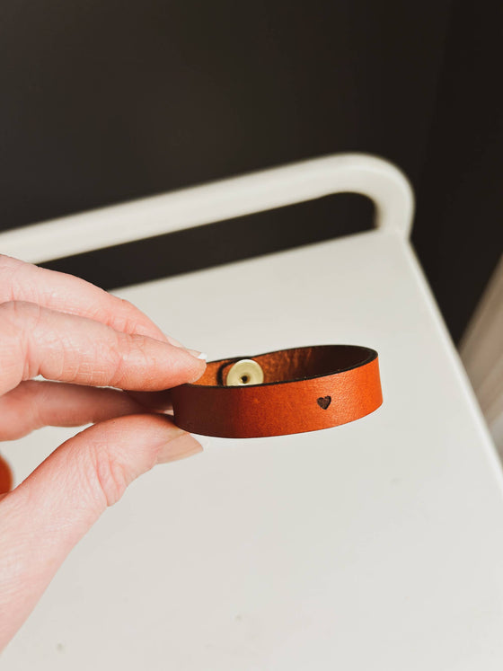 Valentines Heart Leather Cuff Bracelet: Saddle Tan