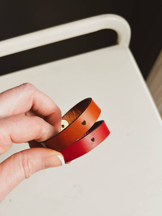 Valentines Heart Leather Cuff Bracelet: Saddle Tan