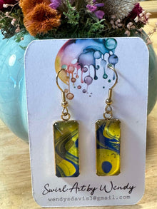  Blue and Gold Rectangular Pendant Swirl Art Earrings