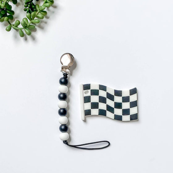 Checkered Race Flag Silicone Teether with Clip